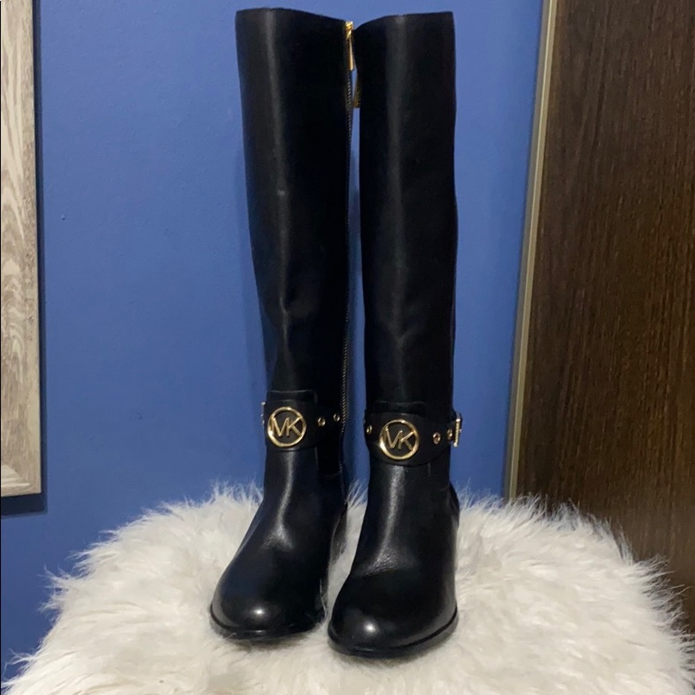Black leather tall riding boots michael kors